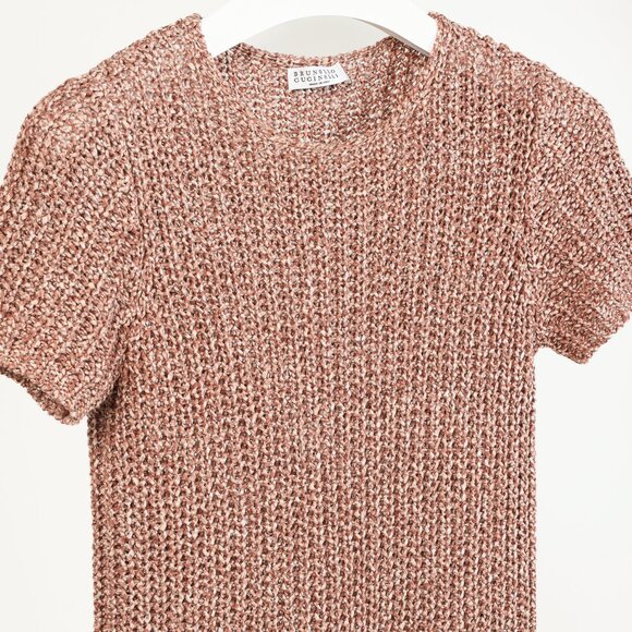 Brunello Cucinelli Salmon Chunky Cotton-Knit Short-Sleeve Sweater - Picture 3 of 9